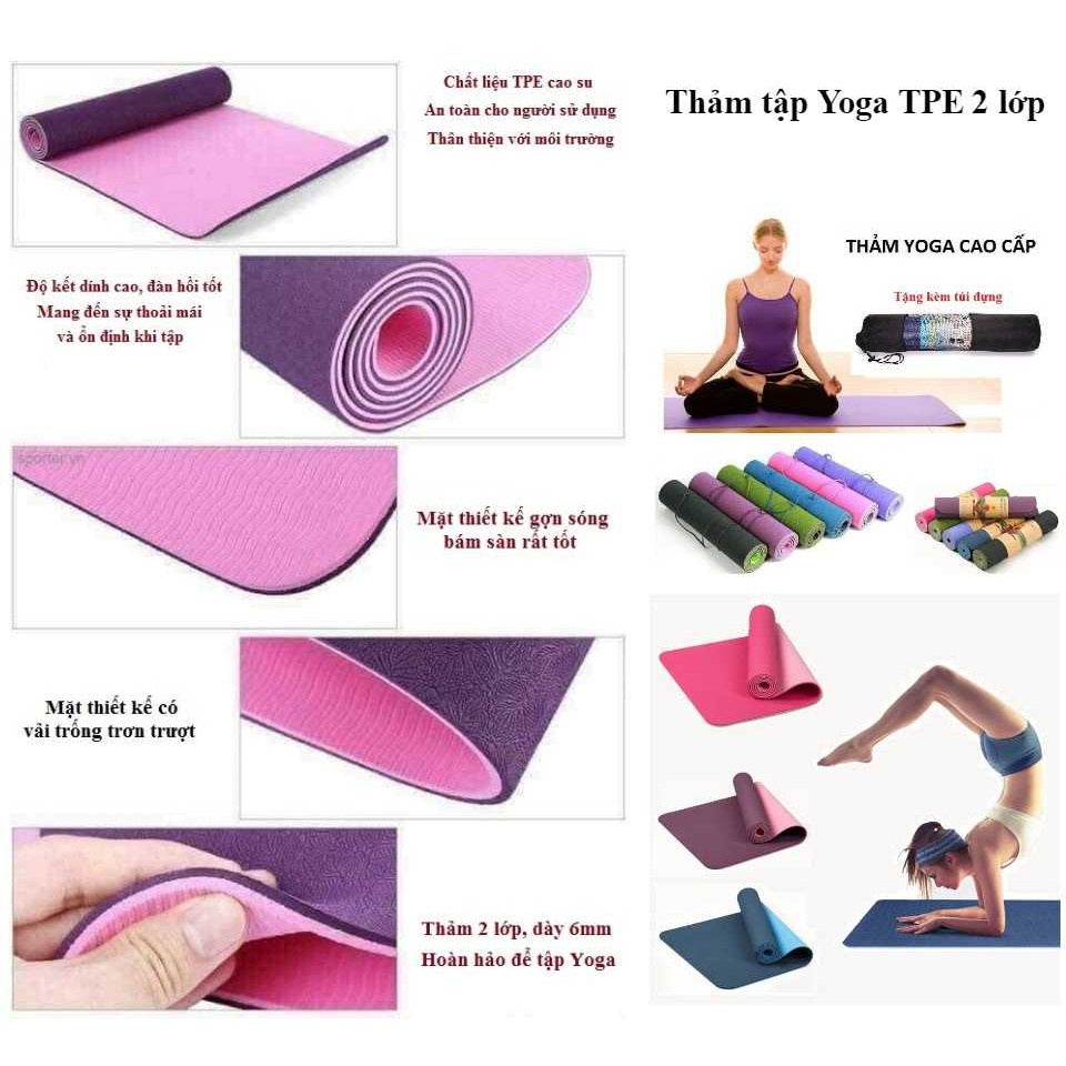 Thảm tập gym và yoga TPE 2 lớp đủ màu,Thảm tập Yoga TPE 2 lớp ECOFRIENDLY 6mm có túi đựng,cao cấp, chất liệu an toàn