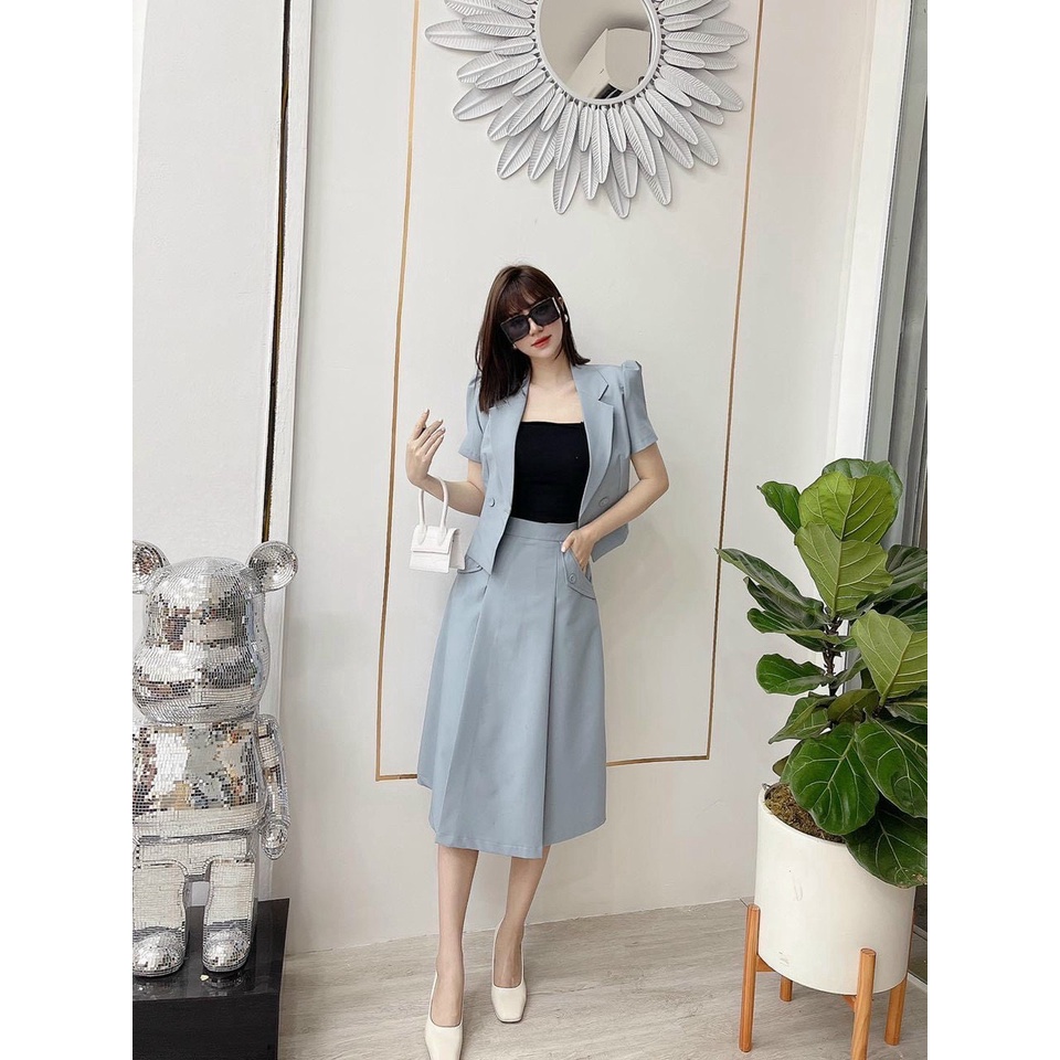 Set Vest 3 Món Tuyết Mưa Lot Cotton Chân Váy Midi Kiểu Dáng Trẻ Trung Áo Khoác Vest Tay Ngắn Chuẩn Bà Chủ