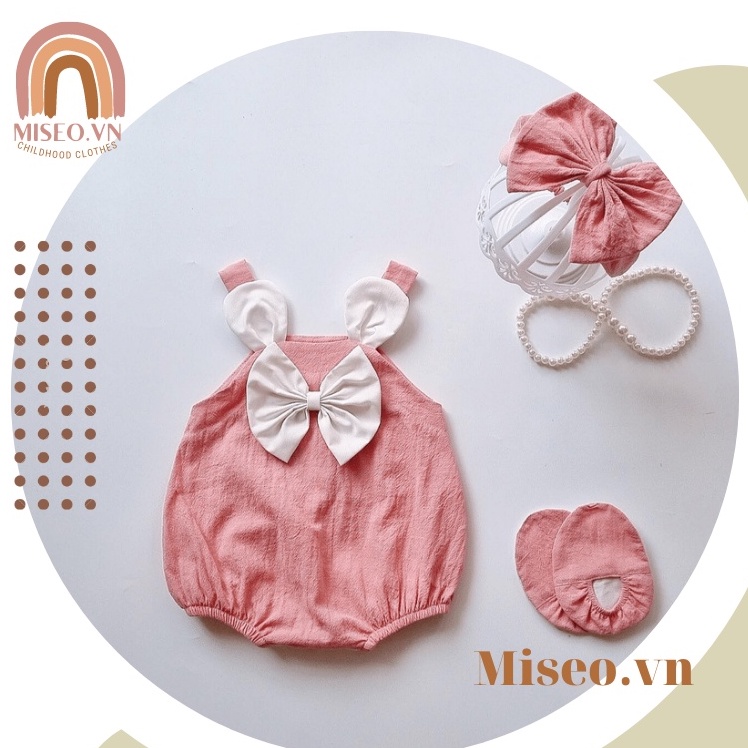 Set bộ body hai dây thiết kế kèm nón mũ và tất vớ màu hồng phối nơ dễ thương cho bé gái từ 3kg đến 13kg