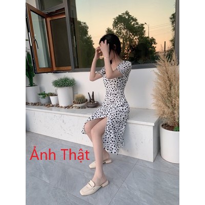 Váy Đầm Nữ Hoa Dáng Dài Xẻ Tà Tay Phồng Chanh Sả Sexy Tiểu Thư Bánh Bèo Tôn Dáng - Smart House - Cam Kết Chất Lượng