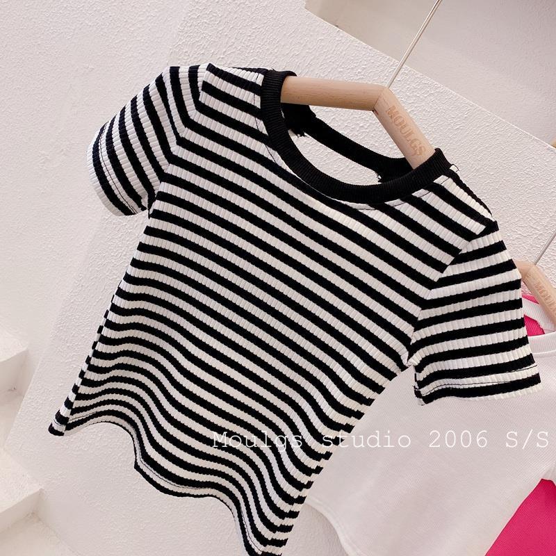 Áo Thun Cotton Tay Ngắn Hở Lưng Họa Tiết Kẻ Sọc Phong Cách Hàn Quốc Cho Bé Gái