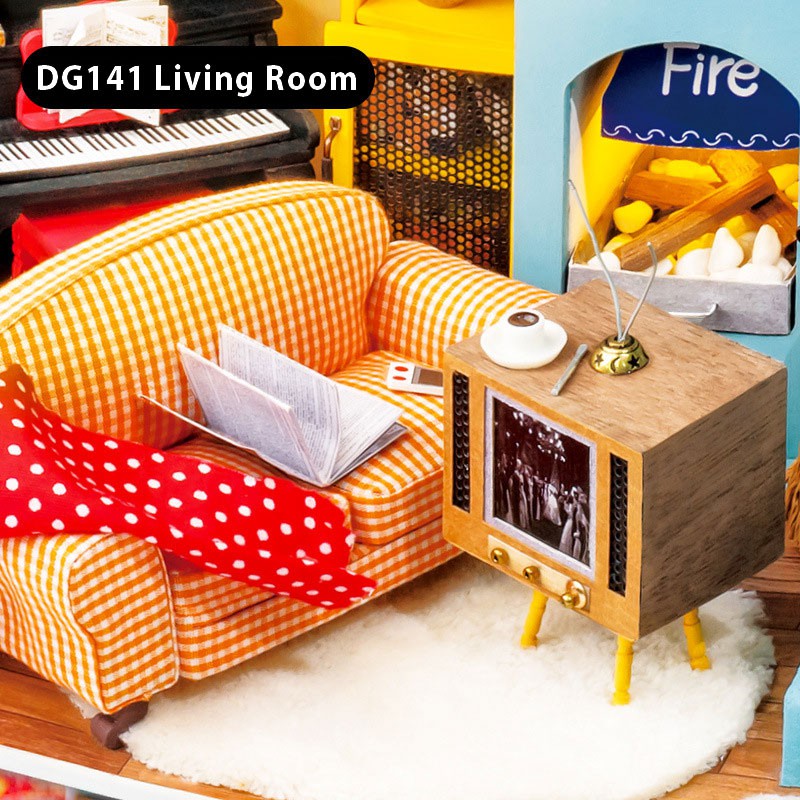 Nhà lắp ghép DIY Dollhouse bằng gỗ Mẫu Living Room Robotime tặng kèm bộ dụng cụ lắp ráp, keo silicon, đèn Led