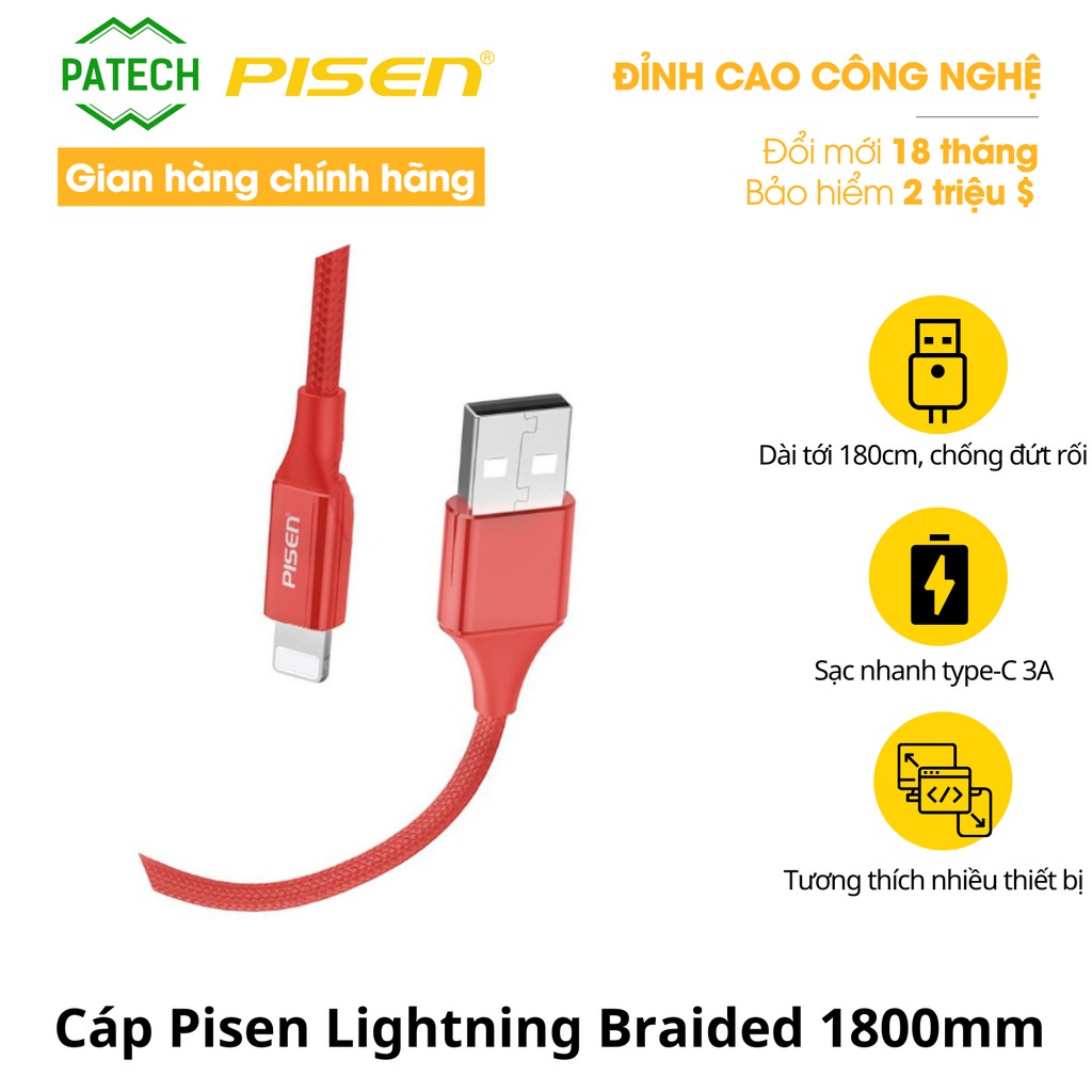 Cáp Pisen Lightning Anti-Fracture Braided 1800mm - Hàng chính hãng