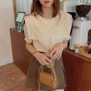 CCVN Áo sơ mi cổ tròn tay ngắn phối ren thời trang mùa hè cho nữ 210602