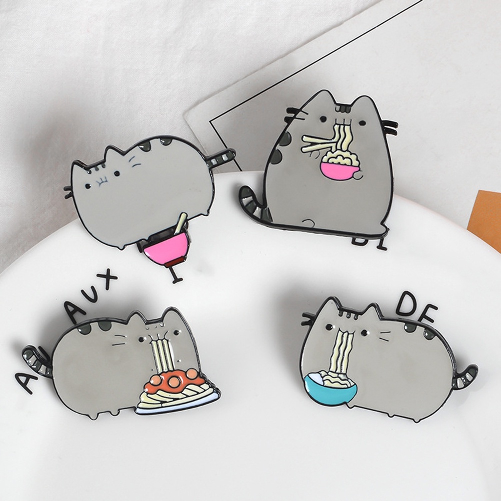 YOML✔Cute Cartoon Fat Cat Eat Noodles Enamel Brooch Pin Collar Lapel Badge Jewelry