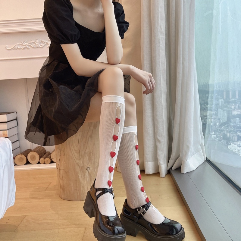 Tất Lưới Rỗng Họa Tiết Trái Tim 3D Phong Cách Lolita Nhật Bản Cho Nữ