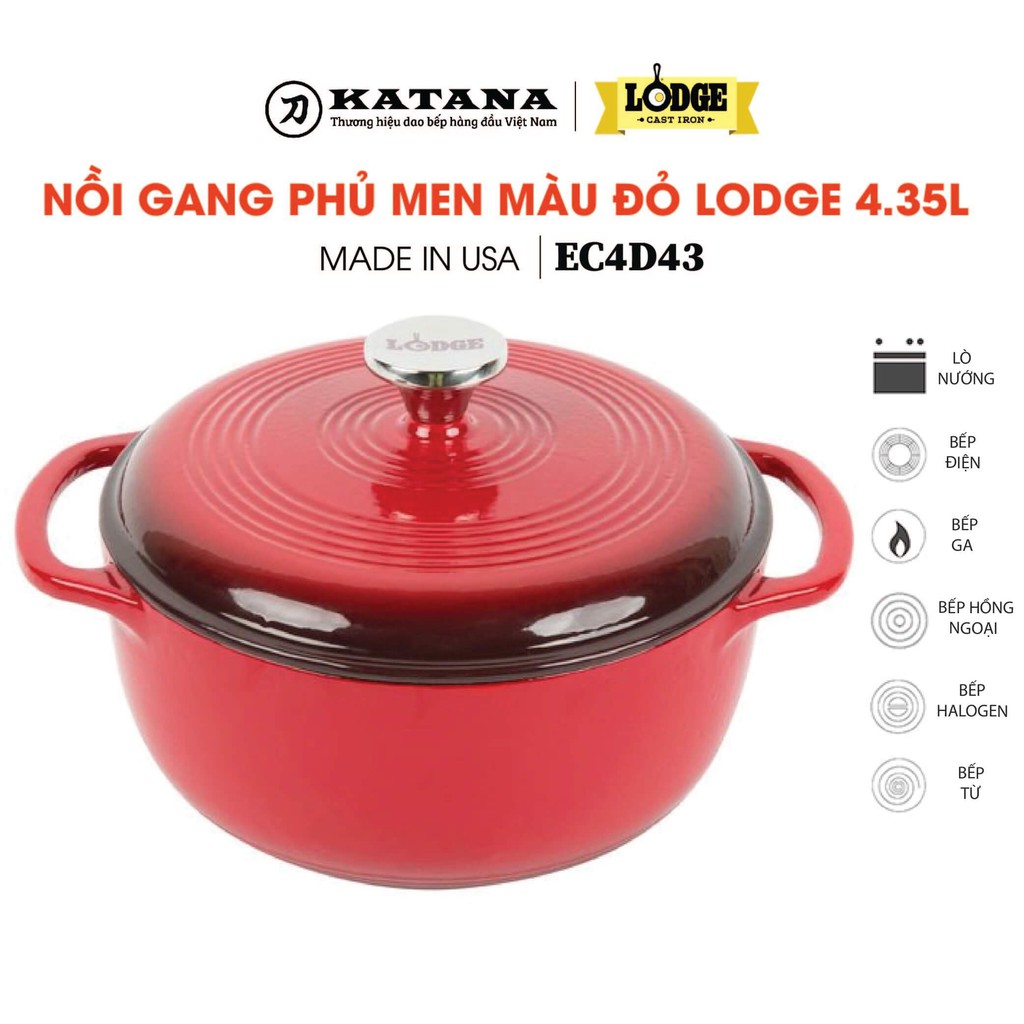 Lodge - Nồi gang phủ men màu đỏ - 4.35L