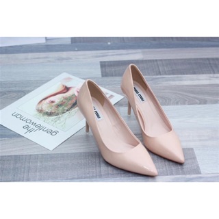 Giày cao gót mũi nhọn đế mảnh da bóng miu miu 9cm mầu đen kem sậm