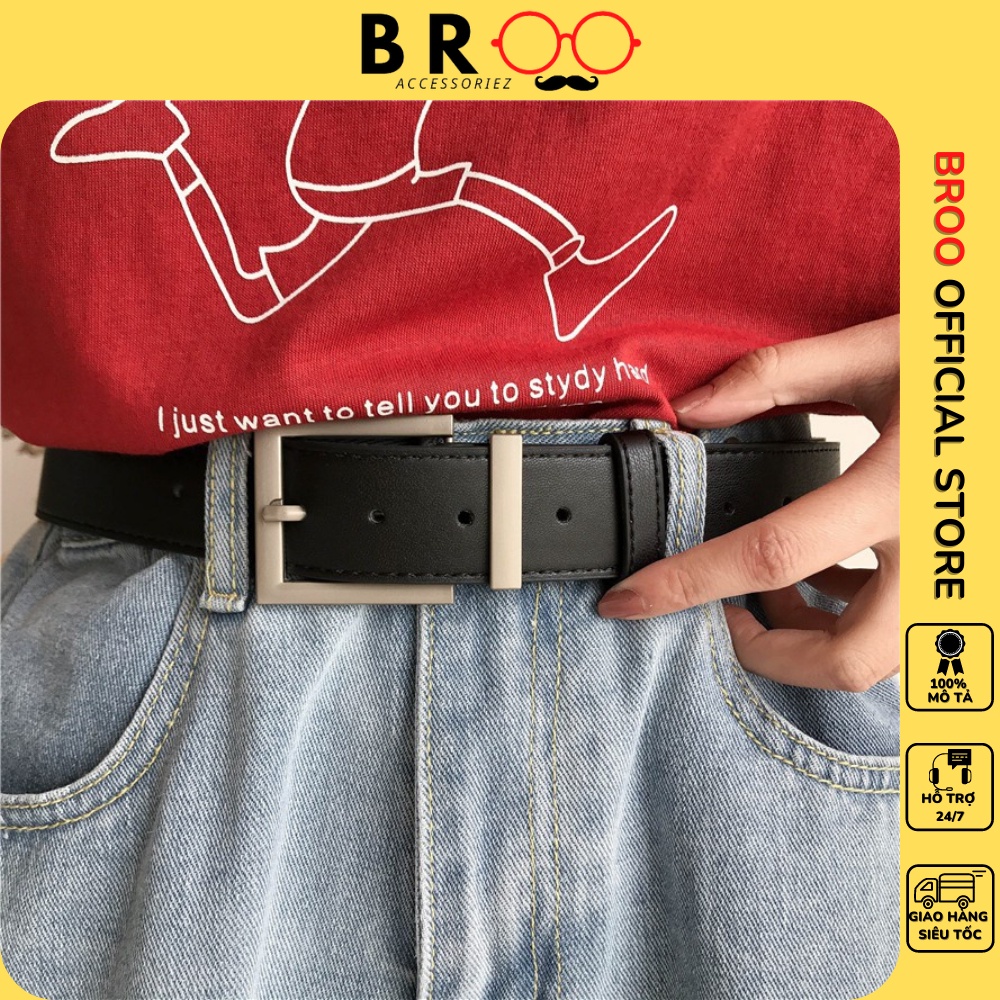 Thắt lưng da nam nữ BROO mặt vuông chữ nhật màu bạc đẹp, dây nịt lưng ulzzang unisex bản dây 3.3cm