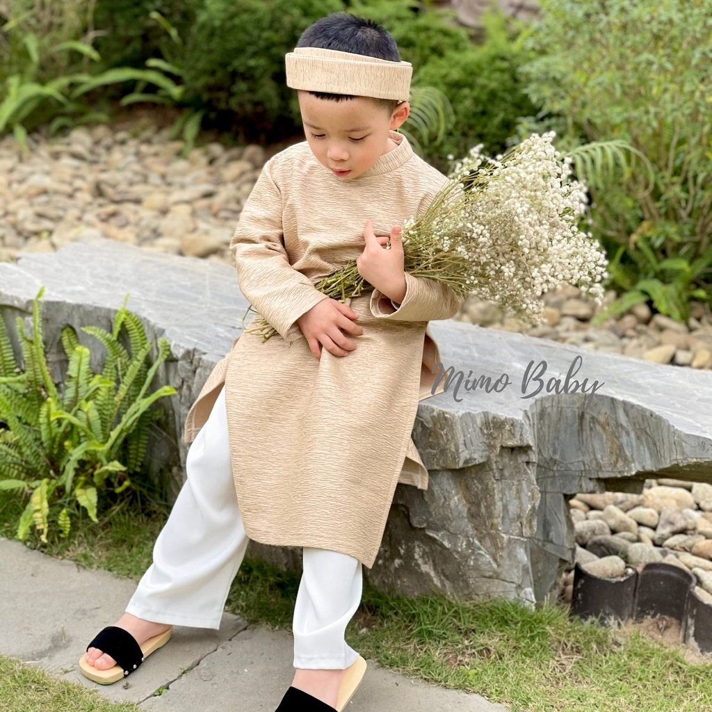 Áo dài bé trai kiểu dáng truyền thống chất liệu gấm cao cấp mặc tết, sự kiện Mimo baby AD08