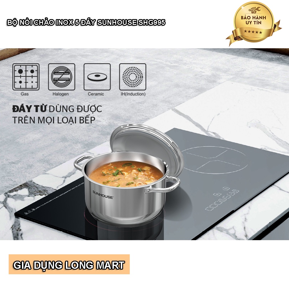 Bộ Nồi Chảo INOX 5 Đáy SUNHOUSE SHG995 Hàng Chính Hãng, Bảo Hành 12 Tháng
