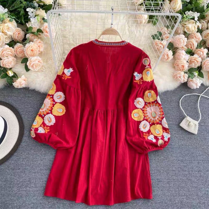 [HÀNG ORDER] Đầm baby doll thêu hoạ tiết hoa boho tay dài phồng dễ thương