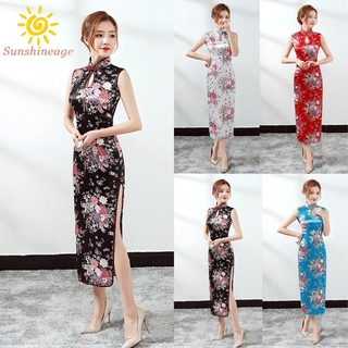 Đầm Sườn Xám Vải Lụa Satin Họa Tiết Hoa Anh Đào Truyền Thống Trung Quốc