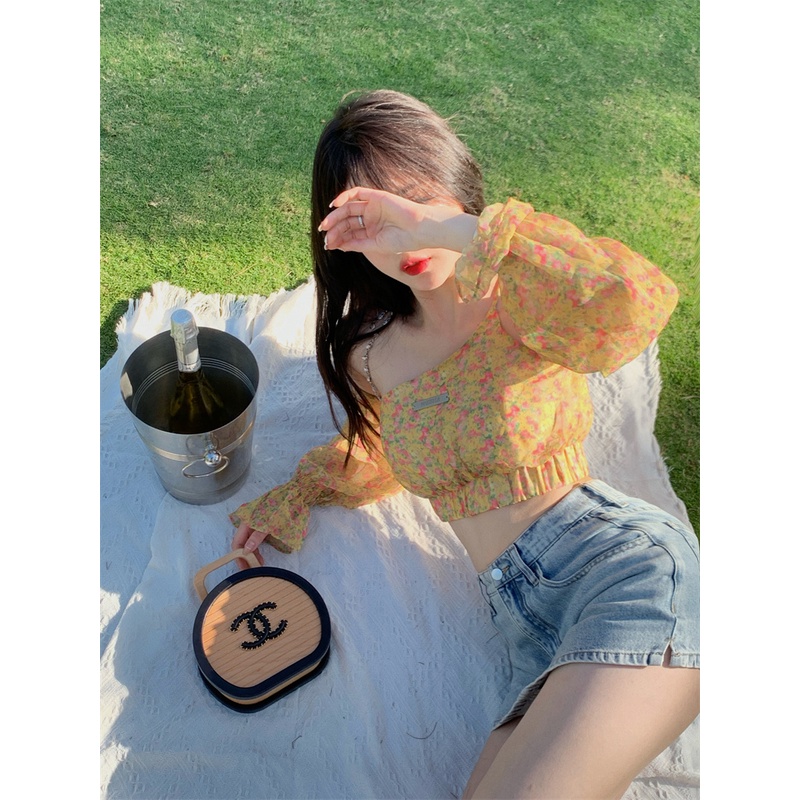 QKOOLE Áo trễ vai  hoạ tiết hoa phong cách Hàn Quốc cho nữ