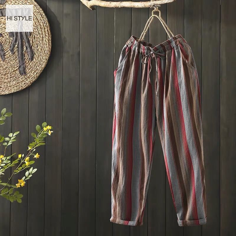Quần nữ cotton kẻ sọc hoang dã thoải mái quần ngủ mới phong cách Vintage và rentro lưng thun quần âu rộng rãi ống rộng