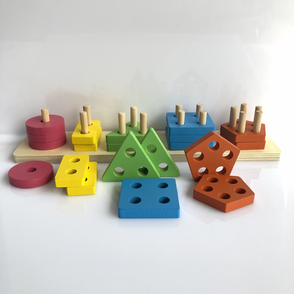 Giáo Cụ Montessori Thả Hình Khối Trên Thanh Bằng Gỗ Nhiều Màu Sắc Cho Bé