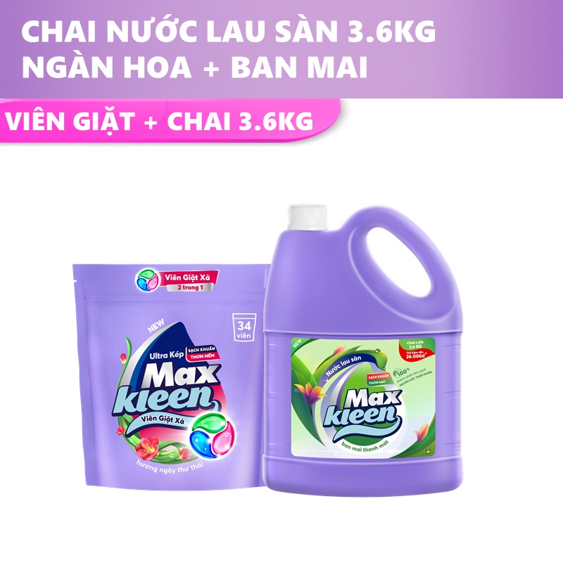 Combo Túi Viên Giặt Xả MaxKleen (34 viên/túi) + Chai Lau sàn MaxKleen Ban mai thanh mát 3.6kg/chai