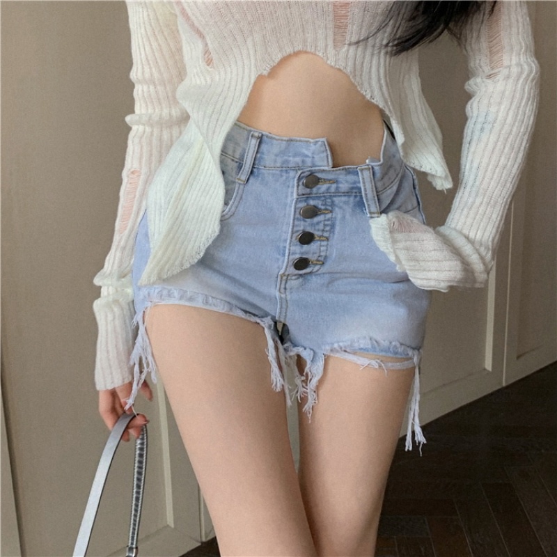 Quần Short Denim Lưng Cao Rách Đính Nút Phong Cách Retro 2022 Cho Nữ