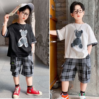 [SB055]- Set quần áo bé trai sz 120-160, áo thun bé trai hình gấu, quần short caro size đại, chất liệu cotton