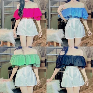 Set áo croptop bẹt vai phối quần short