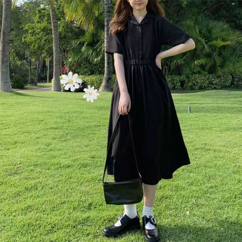Korean niche design black short sleeve dress