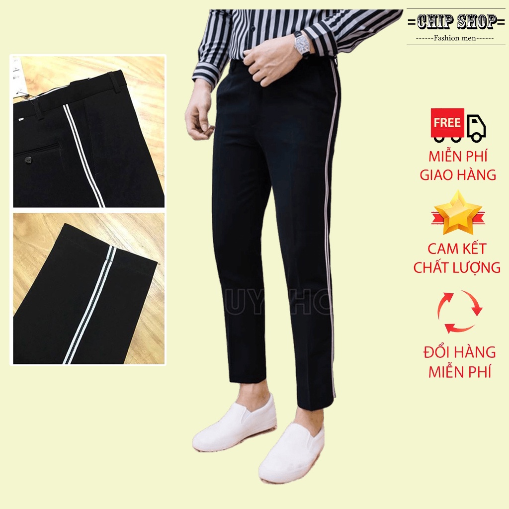 Quần tây nam T-Max họa tiết kẻ sọc trắng thể thao form dáng slim fit Hàn Quốc