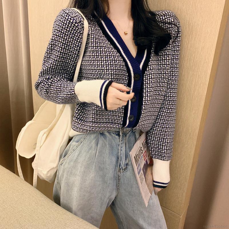[Baywellfashion]Áo khoác cardigan in họa tiết sọc caro phối nút thời trang ngọt ngào cho nữ | BigBuy360 - bigbuy360.vn
