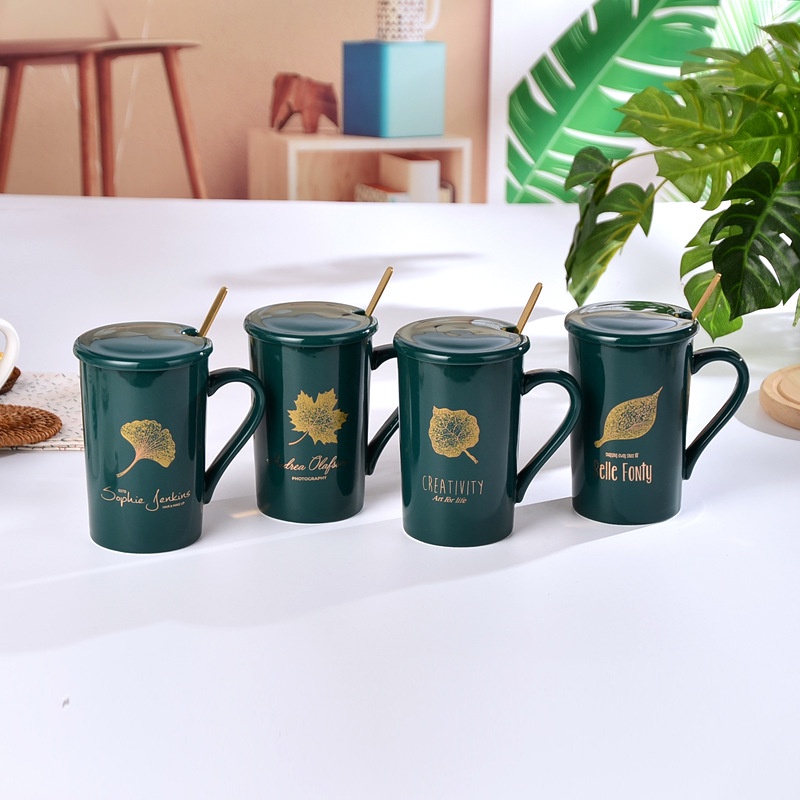 Ly cốc sứ có nắp in hình LÁ MAY MẮN có HỘP QUÀ cực đẹp