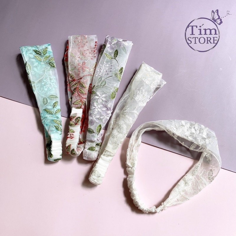 Băng đô turban ren hoa thêu TÍM STORE phụ kiện tóc phong cách hàn quốc