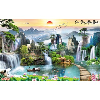 Tranh đính đá toàn bộ tự làm- Phong cảnh Sơn Thủy Hữu Tình