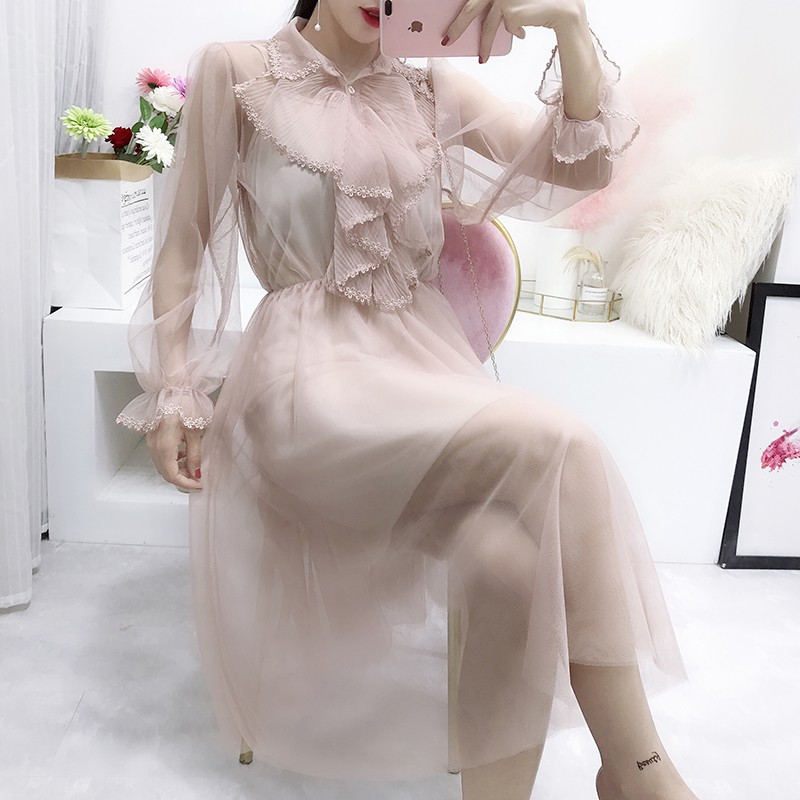 BeeFashion] Váy voan 2 lớp cách điệu cổ đức