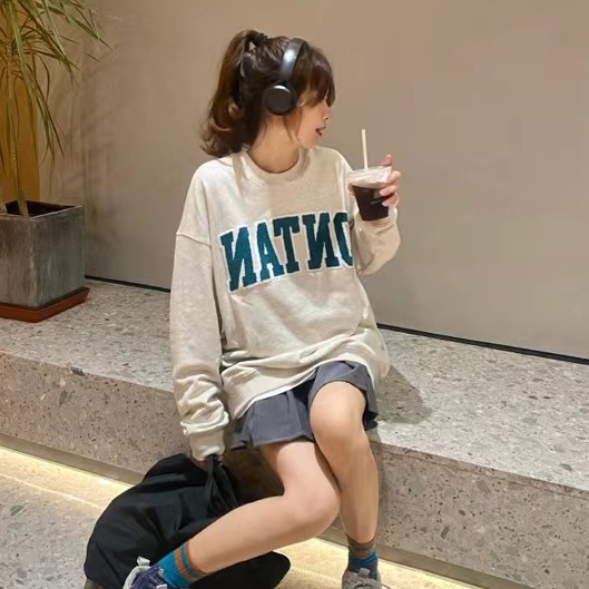 ZHELIHANGFEI Áo Sweater Tay Dài Dáng Rộng Thêu Họa Tiết Kiểu Retro Mỹ Dễ Phối Đồ