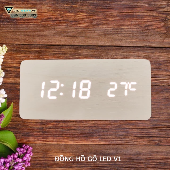 Đồng hồ gỗ led V1, vỏ trắng chữ trắng, hiện nhiệt độ, có báo thức