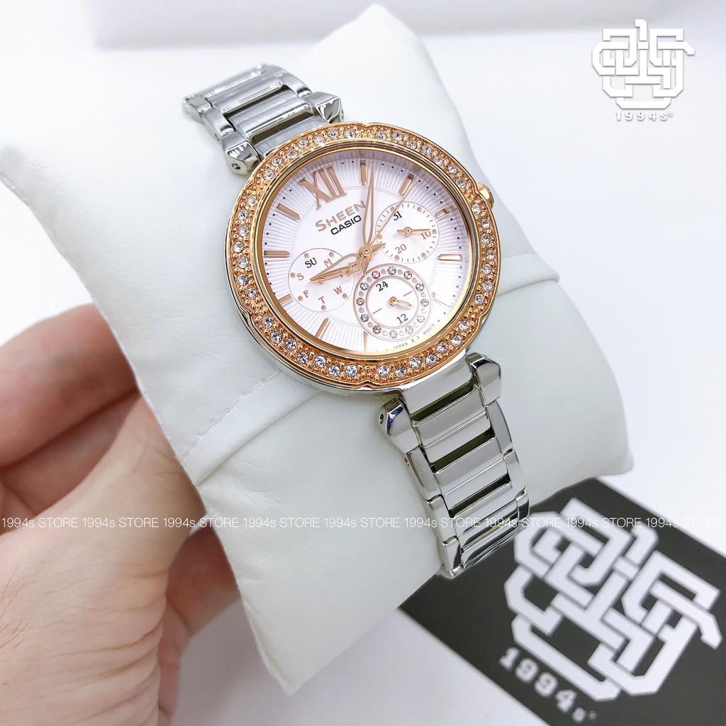 Đồng hồ nữ Casio SHE-3061 / SHE-3061SG-4A đính đá pha lê Swarovski, chống nước 50m, size 36mm, hàng chính hãng