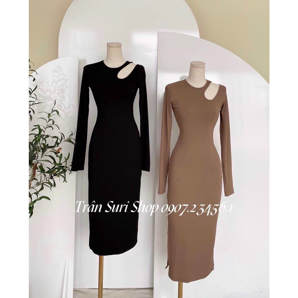 Đầm tay dài ôm body trơn kiểu khoét vai cực hot , chất thun gân mềm mịn