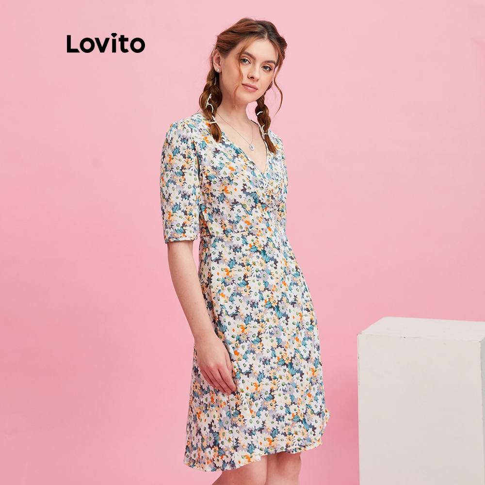  Đầm Lovito tay phồng cổ chữ V in hoa dễ thương thời trang cho nữ L10178 (Màu be) | BigBuy360 - bigbuy360.vn