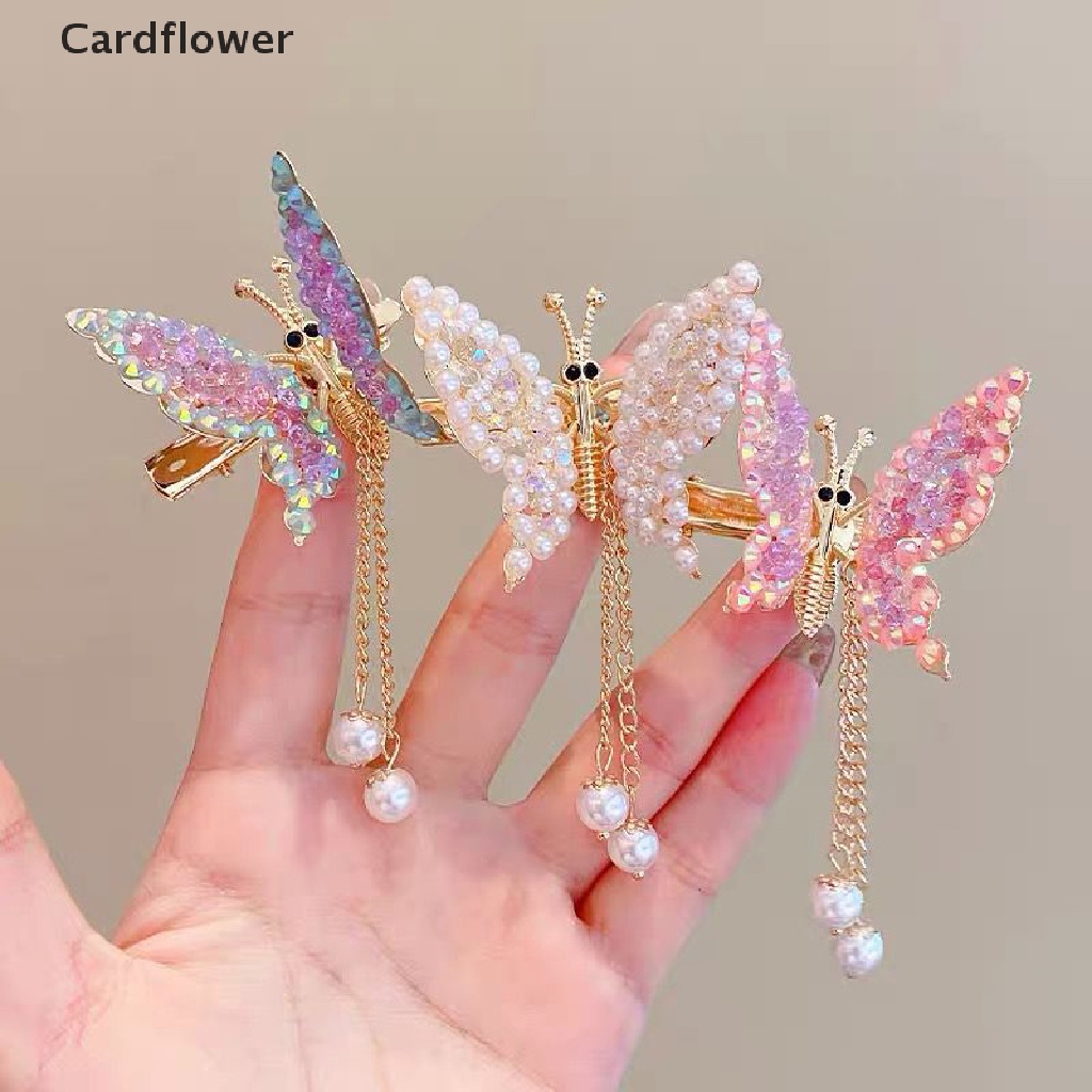 &lt; Cardflower &gt; Kẹp Tóc Mái Bướm Chuyển Động Bằng Hợp Kim Đính Ngọc Trai Phụ Kiện Tự Làm Cho Bé Gái