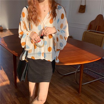 Western style loose wild fashion sweet street pleated chiffon shirt sunscreen blouse top women