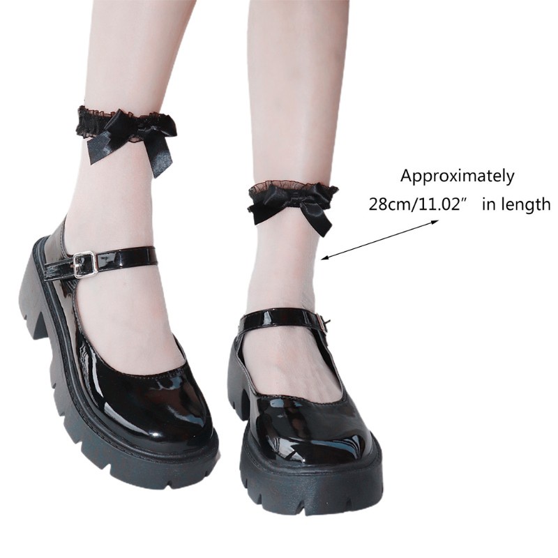 Tất ren nữ trong suốt siêu mỏng viền bèo đính nơ màu trơn phong cách lolita Nhật Bản thời trang mùa hè dễ thương