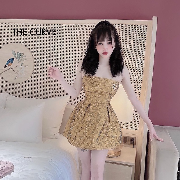 Đầm Dự Tiệc Dáng Xòe Cúp Ngực Bo Eo Lưng Chun (TGA18) - Vải Gấm Hoa - Màu Hồng, Vàng - Dành Cho Nàng Đi Tiệc, Đi Chơi