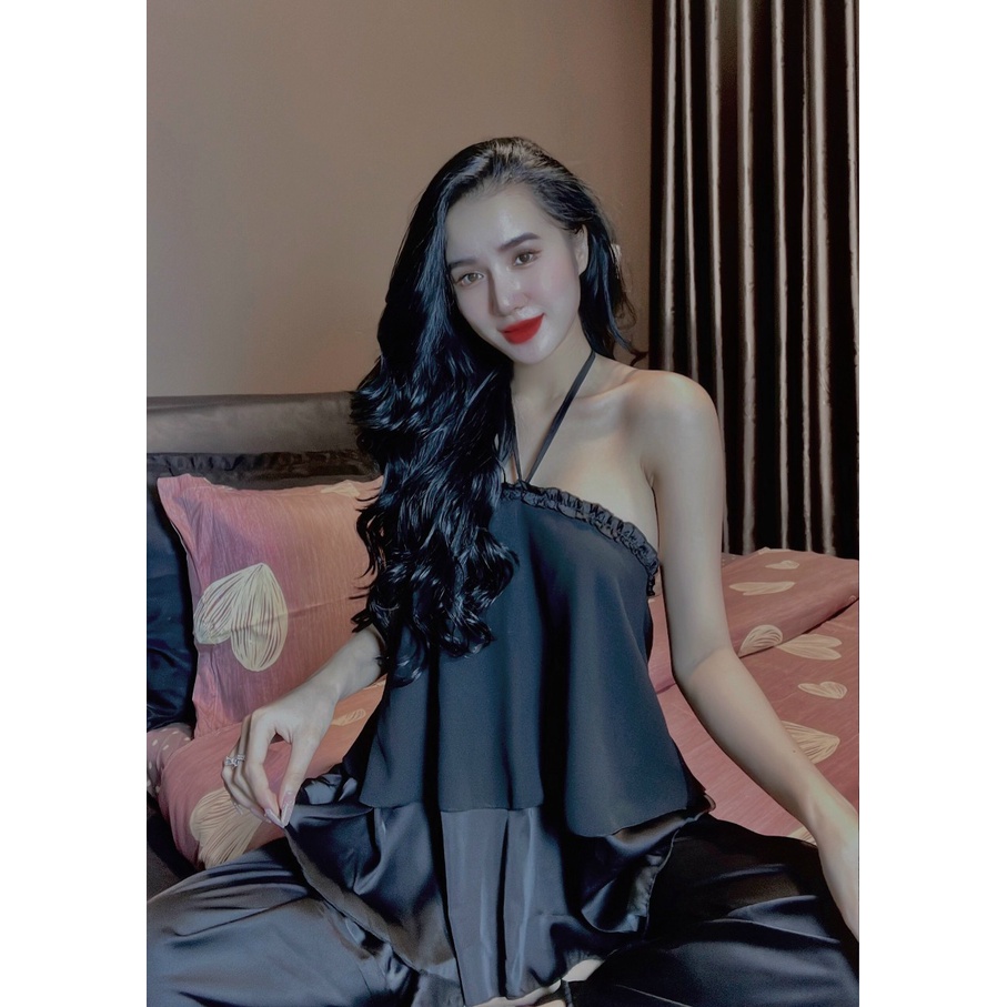 Set Đồ Ngủ Áo Yếm Voan Tầng &amp; Quần Dài Lụa Dạo Phố Sang Chảnh - Đồ Bộ, Pyjama Freesize