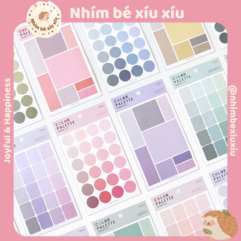 Set 4 tấm sticker ô vuông/chấm tròn trang trí sổ tay, đánh dấu trang Color Pallete VT80