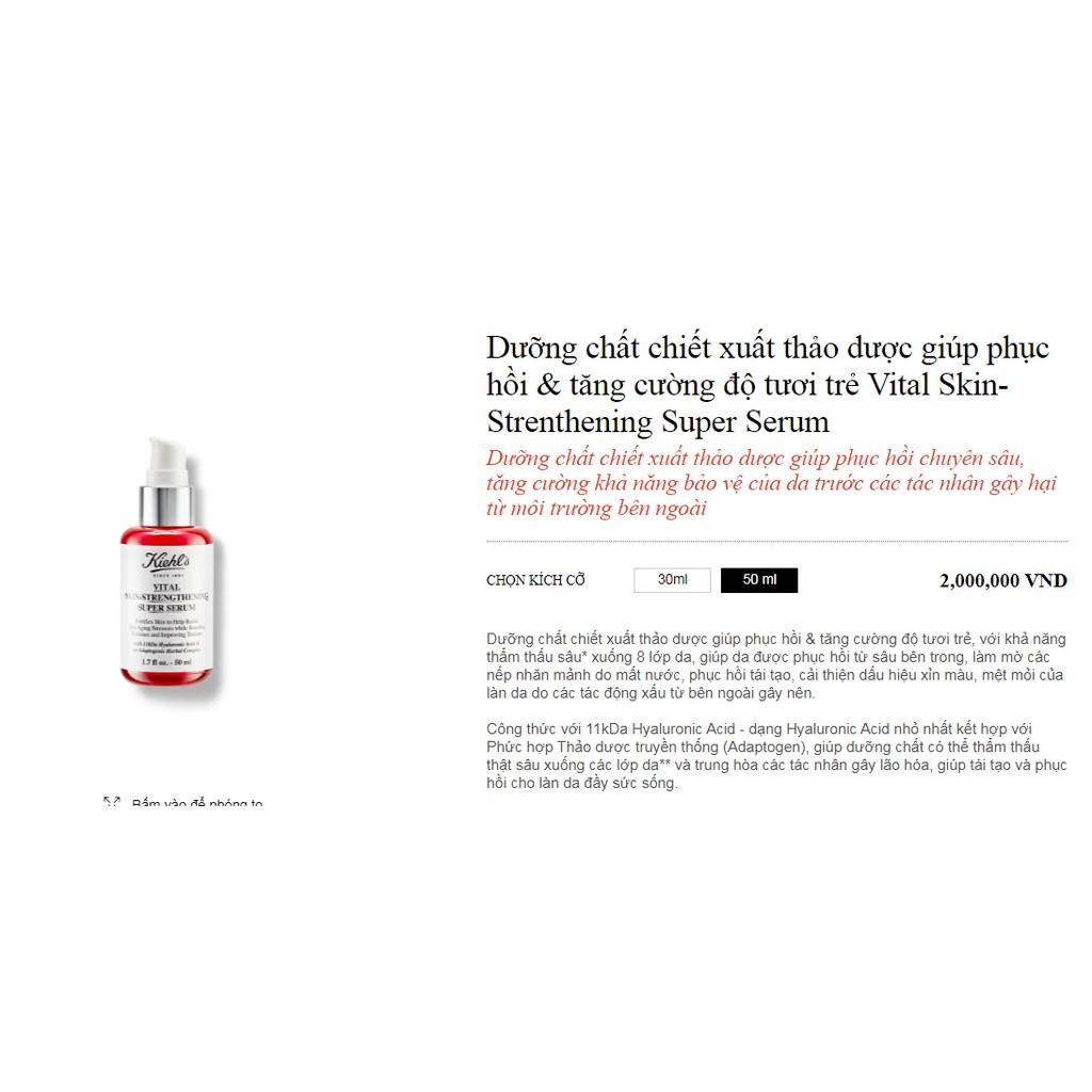 (1,5ml ) sample kiehl's Dưỡng chất chiết xuất thảo dược giúp phục hồi & tăng cường độ tươi trẻ Vital Skin-Strenthening