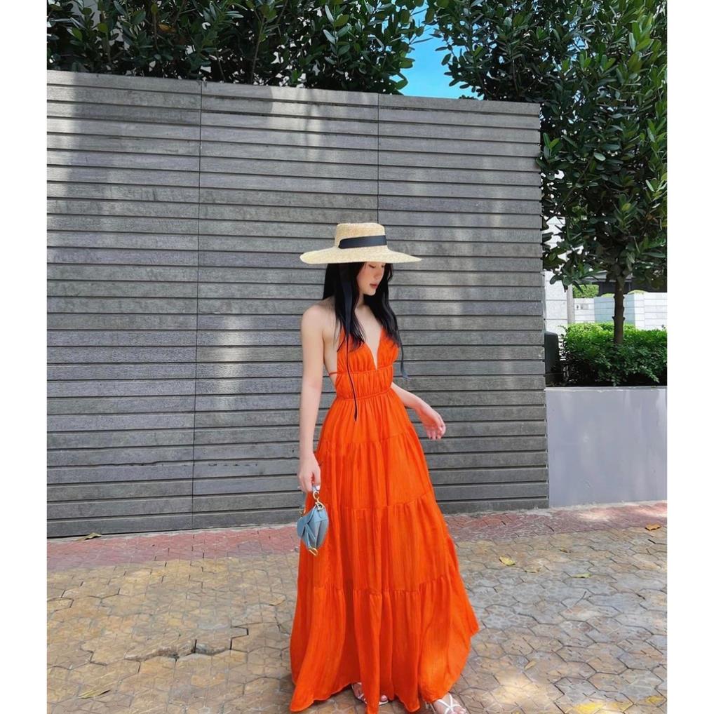 Đầm maxi cam 3 tầng hở lưng chất đũi tơ có cup ngực