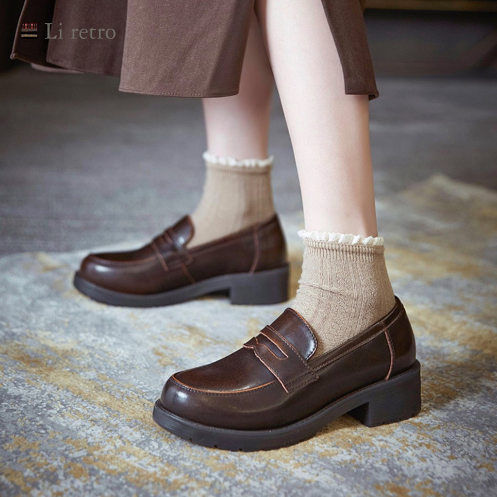 Giày Loafer - Giày Loafer nữ Li retro da bò thật phong cách vintage