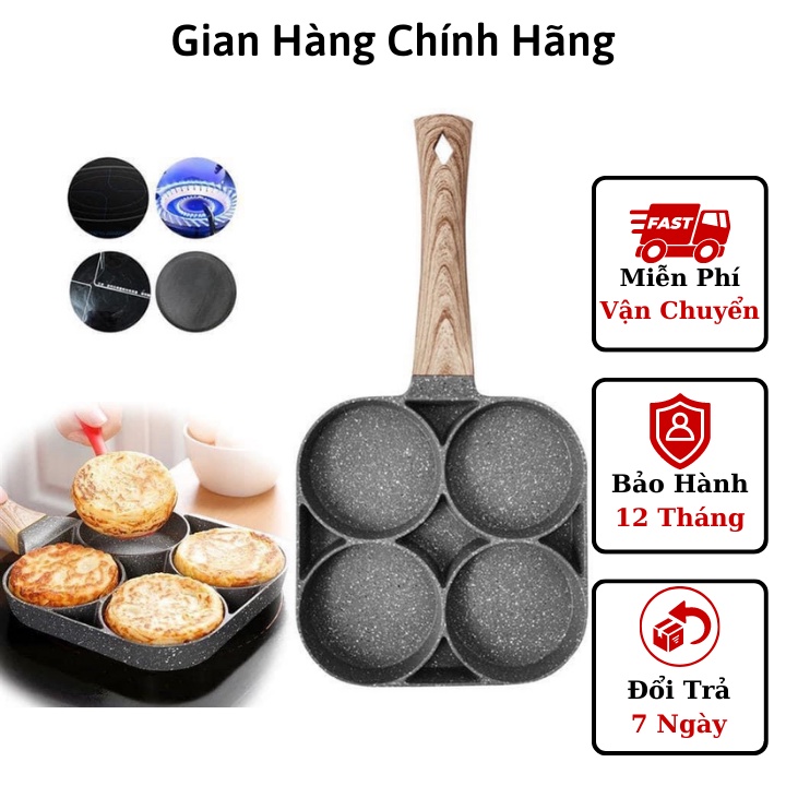 Khuôn Chảo Chiên Rán Trứng Làm Bánh 4 Ngăn 4 Lỗ Chống Dính - Chống Dính Tay Cầm Gỗ 4 ngăn nấu được cả bếp từ và bếp gas