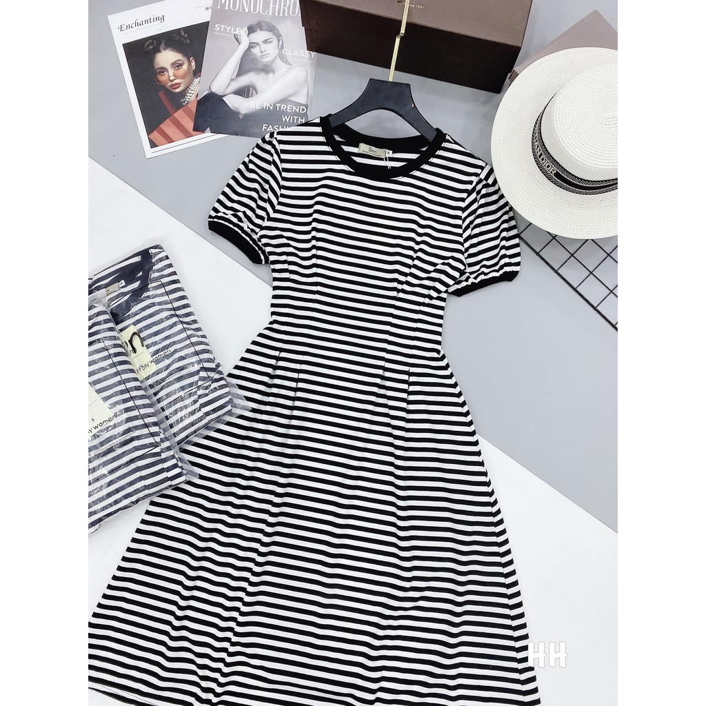 VN132 - VÁY KẺ XÒE CHIẾT EO CỔ TRÒN CHO NỮ | BigBuy360 - bigbuy360.vn