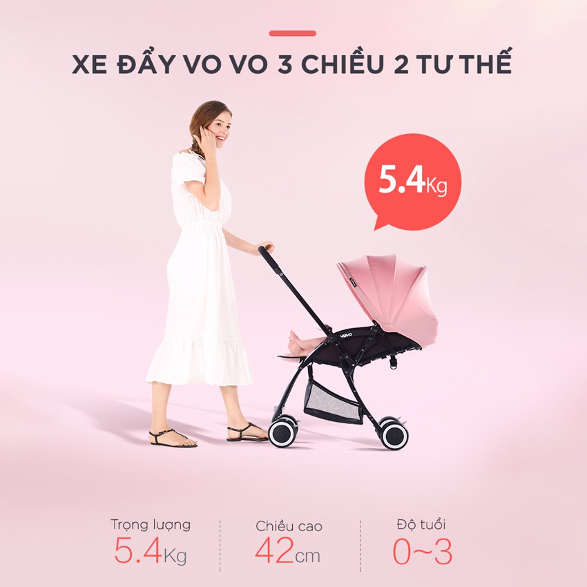 Xe đẩy cho bé, xe đẩy gấp gọn 2 chiều 3 tư thế VOVO TRAVEL mẫu mới nhất