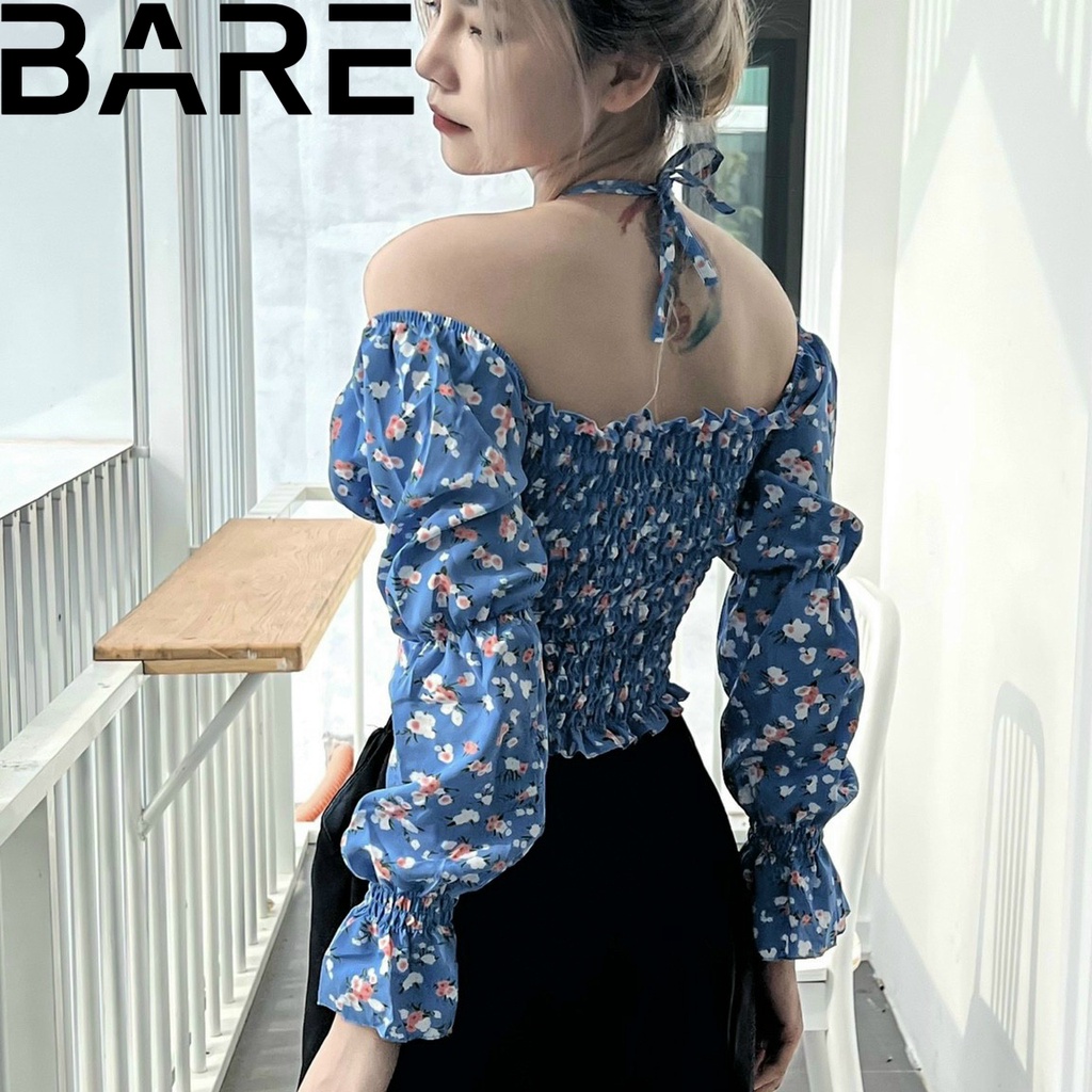 Áo kiểu trễ vai nữ tay dài họa tiết hoa nhí croptop kiểu đẹp thiết kế dây yếm tay loe cho nàng điệu đà - AO0140