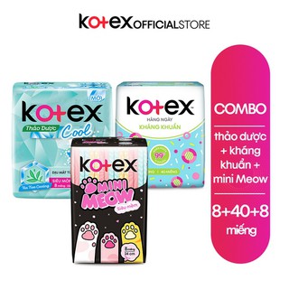 Combo Băng vệ sinh Kotex hằng ngày kháng khuẩn + Thảo dược Cool SMC + Mini Meow SMC 8 miếng